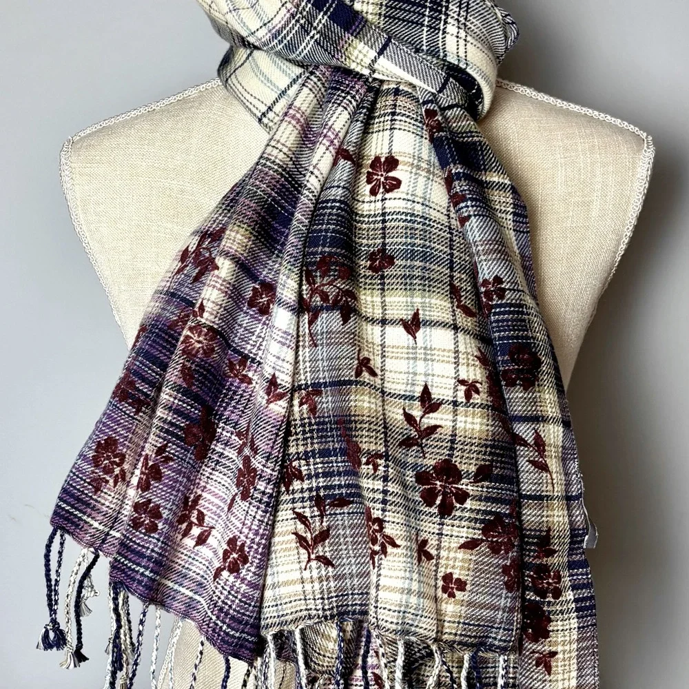 J Jill Blue and Purple Plaid Scarf with Velvet Flocked Flowers and Fringe - Picture 3 of 6